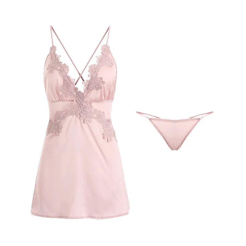 LacyMate™ Satin Embroidery Backless Nightdress Set