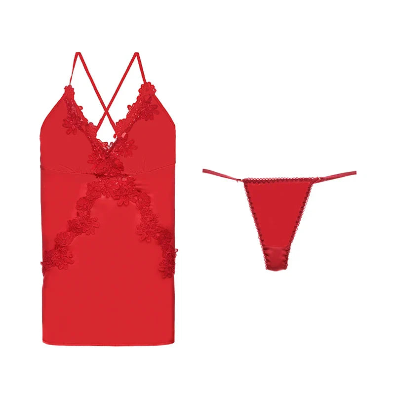 LacyMate™ Satin Embroidery Backless Nightdress Set