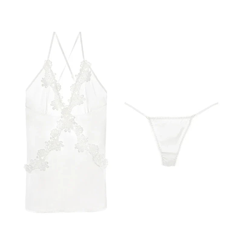 LacyMate™ Satin Embroidery Backless Nightdress Set