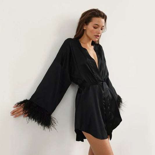 LacyMystic™ Feather Satin Sleep Robe